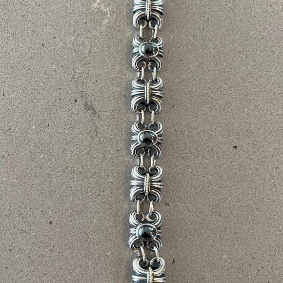 LAGOS STERLING SILVER & 18K YELLOW GOLD HEMATITE FLEUR DE LIS LINK BRACELET - Picture 8 of 10